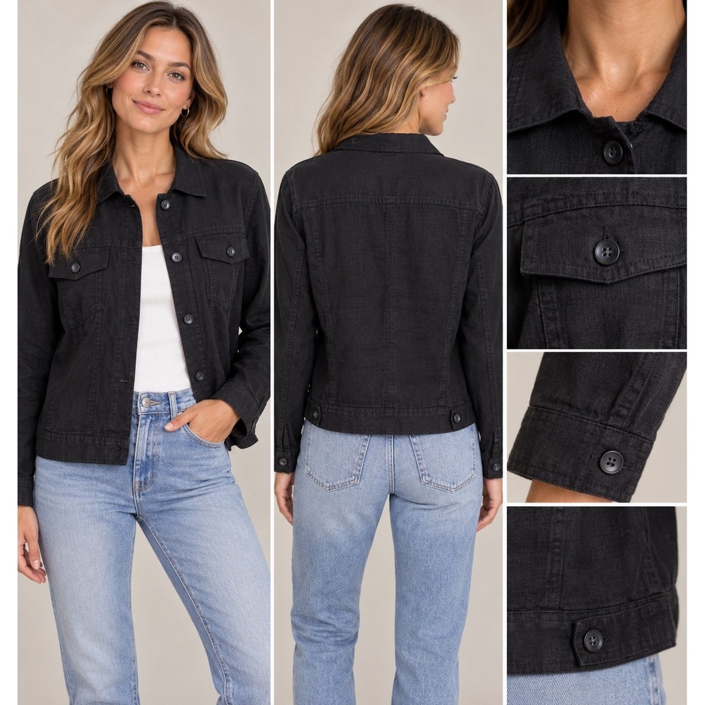 Quince European Linen Jacket Black Size Large Denim Style Button Front